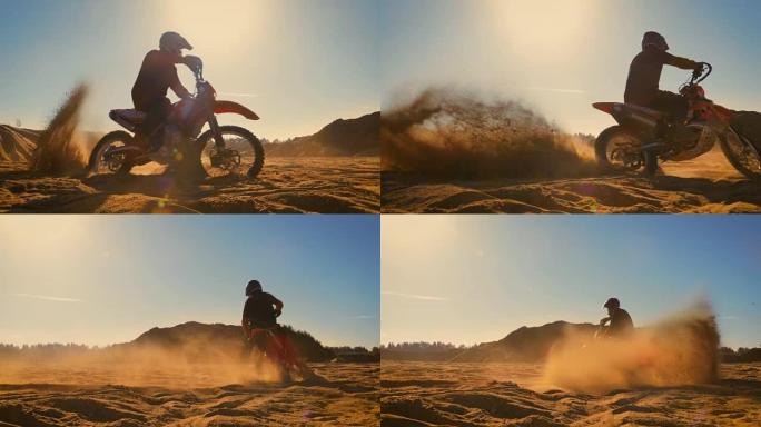 职业摩托车越野赛FMX摩托车骑手在越野废弃采石场上兜圈子。