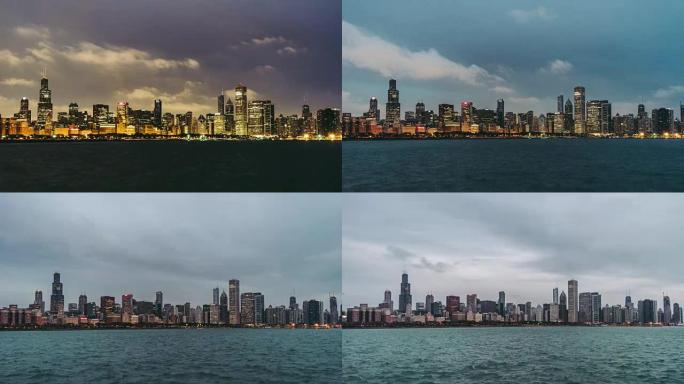 从夜晚到黎明，芝加哥天际线的T/L WS ZO全景视图
