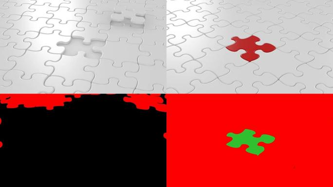 美丽的3d动画落下的最终拼图块红色在空荡荡的地方。正确的解决方案业务概念。绿屏。阿尔法面具。