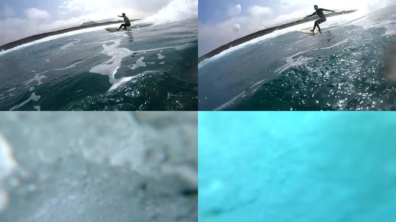 慢动作: 经验丰富的冲浪者在日落前雕刻出一个大的深蓝色波浪。