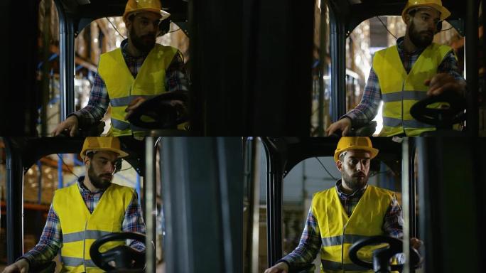 在一个装满托盘货架的大仓库里，一名叉车司机专业操作车辆的特写镜头。