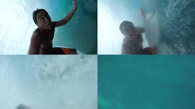 慢动作: 专业冲浪者冲浪大管波和跌倒