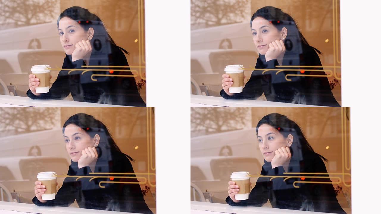女人边喝咖啡边透过窗户看