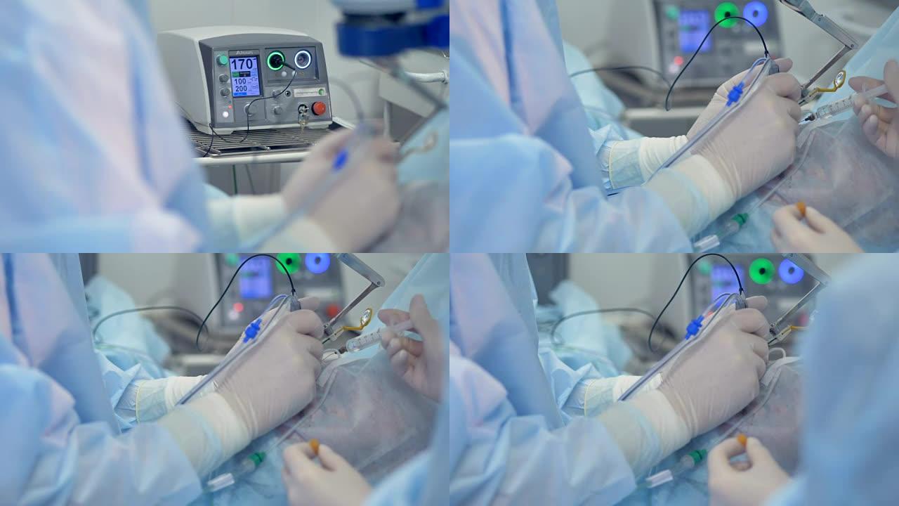 医生使用连接到计算机的工具进行白内障手术。