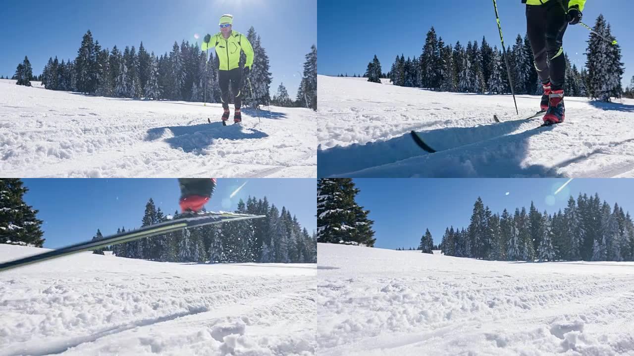 在平行凹槽滑雪道上的越野滑雪者