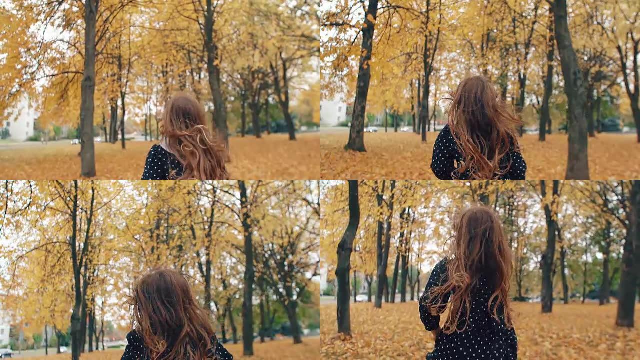 后视图快乐可爱的卷发小女孩在公园慢动作的秋天小巷中奔跑
