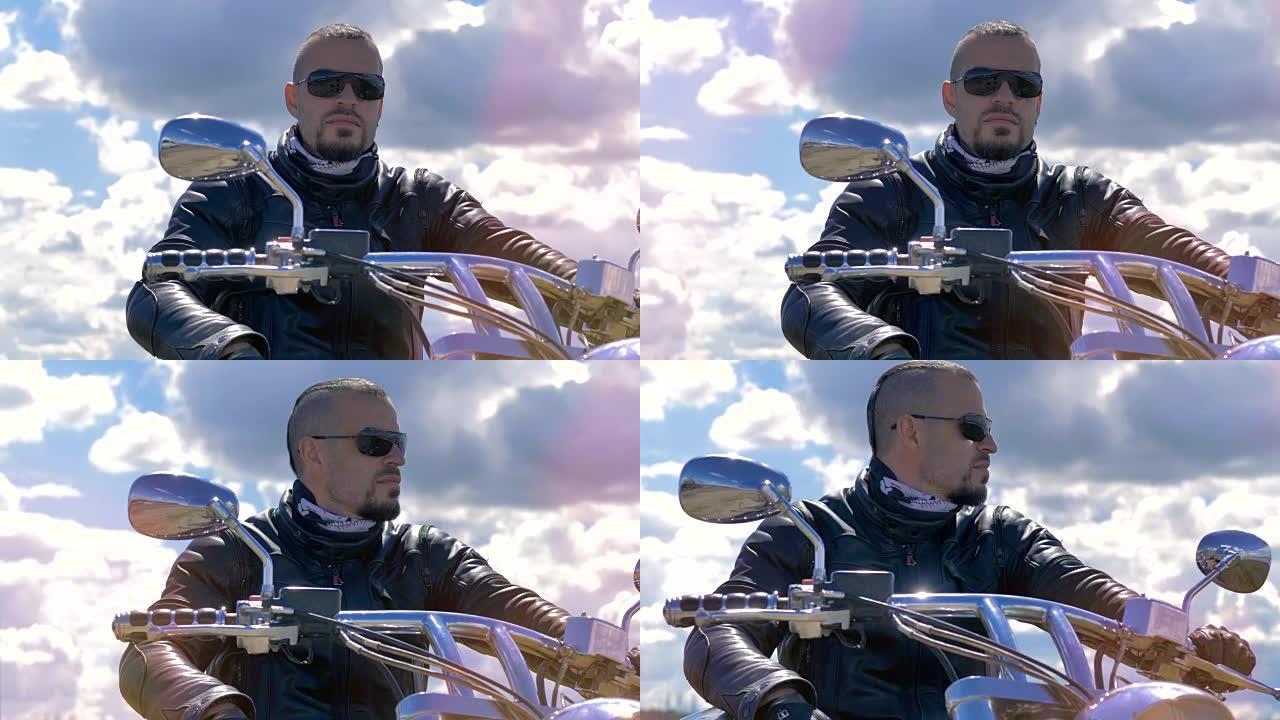 摩托车手坐在摩托车上时可以看到周围的景色。4K。