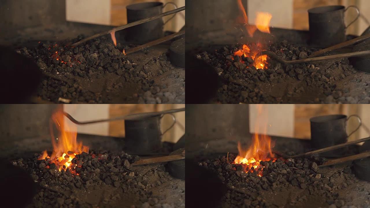 铁匠车间用火加热金属的铁匠炉特写
