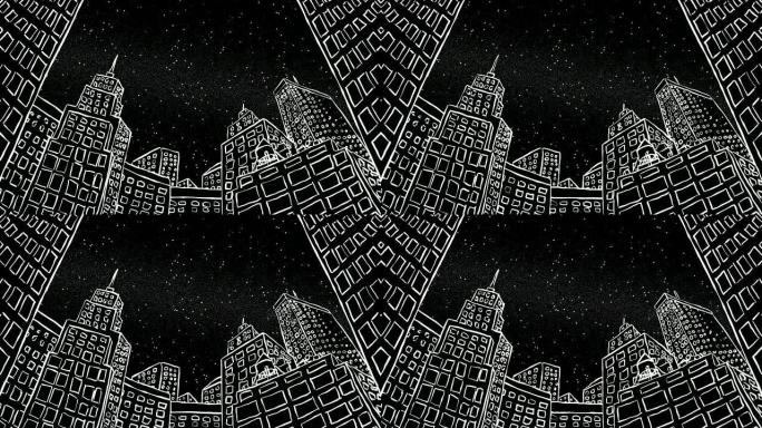 黑白线条动画城市景观与星星