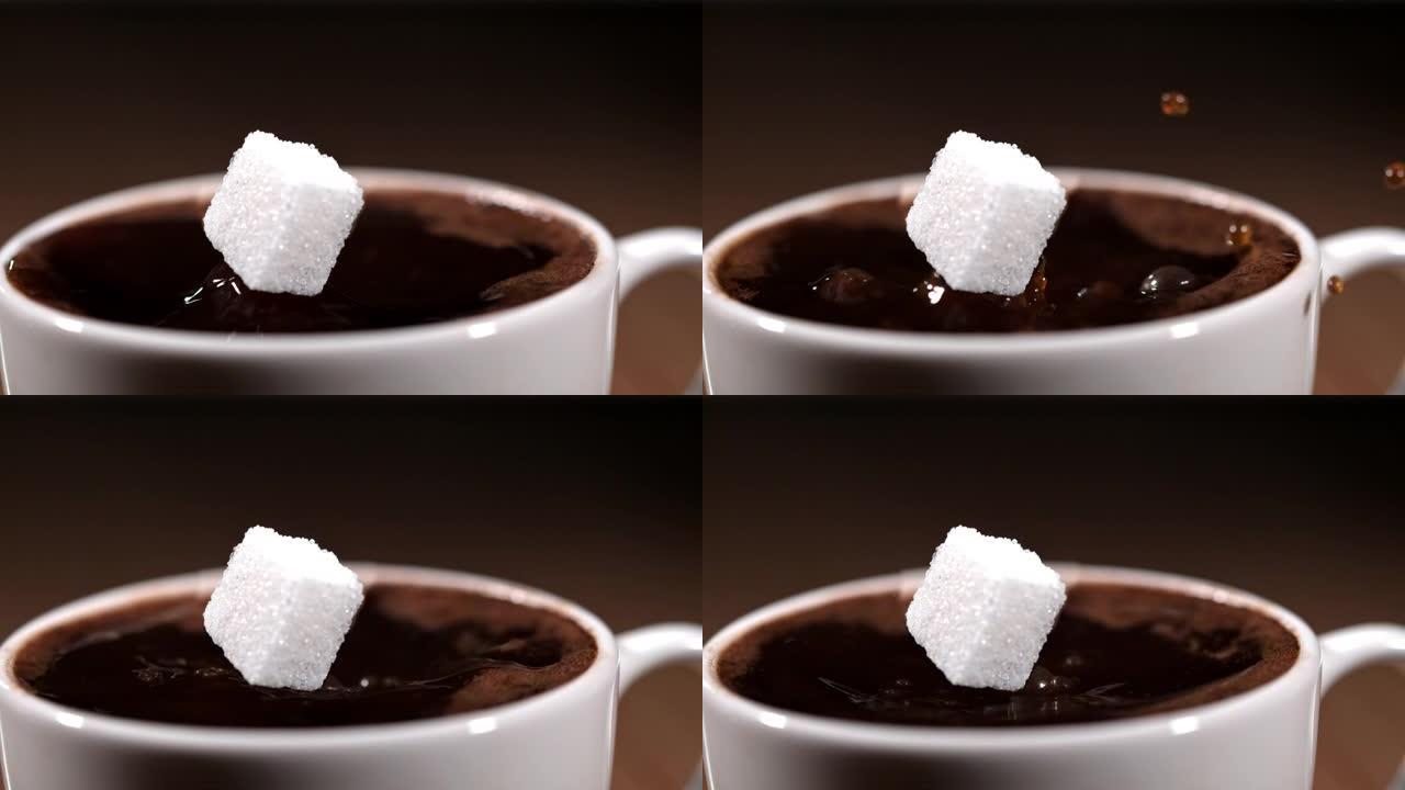 漂浮在咖啡上方的一块糖的SLO MO电影胶片