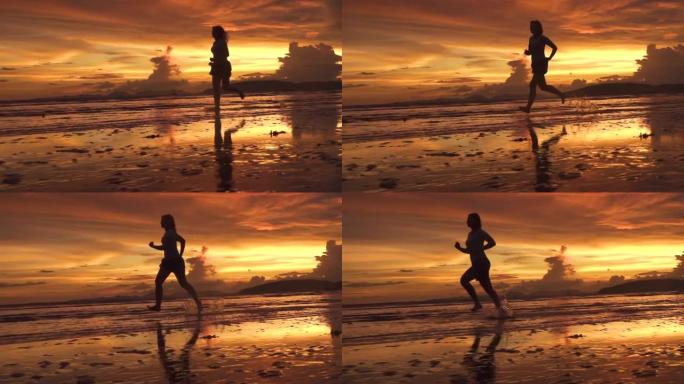 剪影: 运动的年轻女性游客沿着风景如画的热带海滩慢跑。