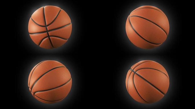 一套3个视频。美丽的篮球带照明弹在黑色上慢动作旋转。回环篮球3d动画的转球。4k超高清3840x21
