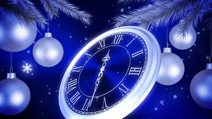 蓝色背景上的银色新年时钟倒计时。4K. 3840x2160。