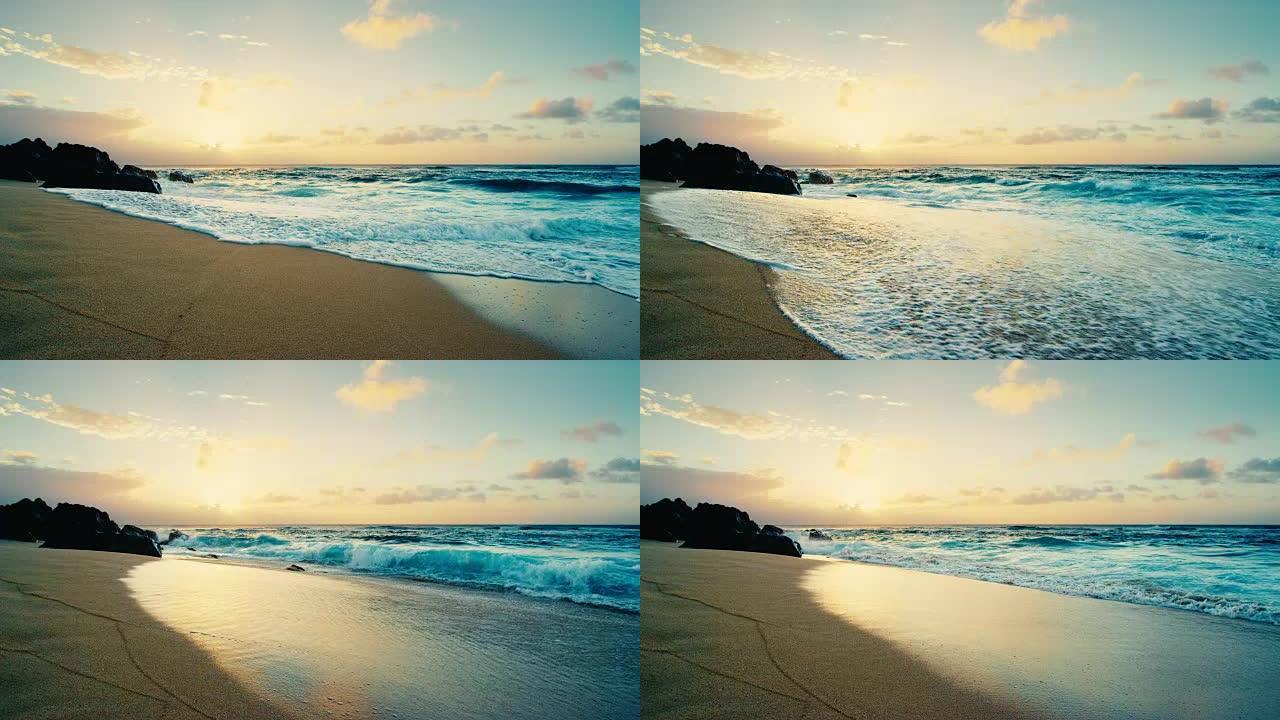 日落海滩和海浪