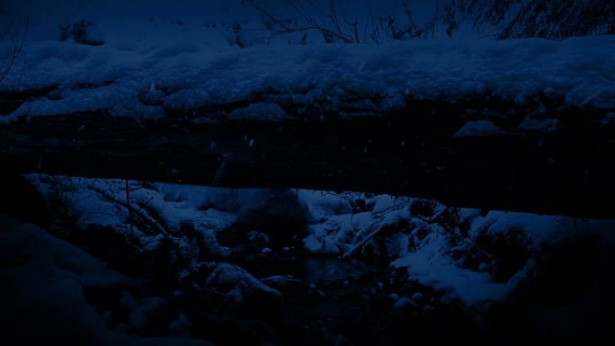 晚上在雪中经过溪流
