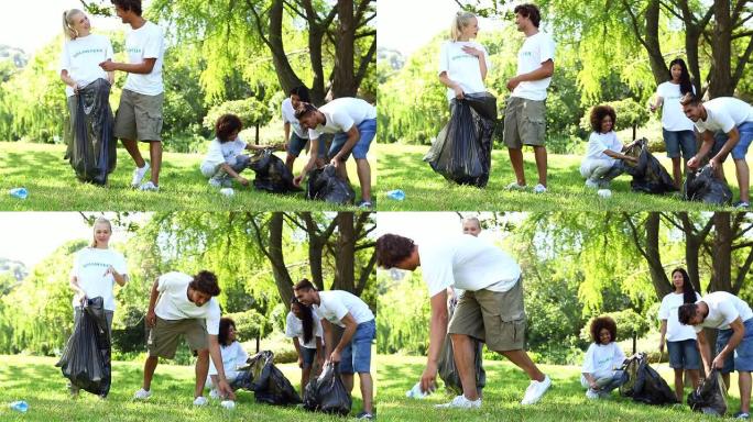 快乐志愿者在公园捡垃圾