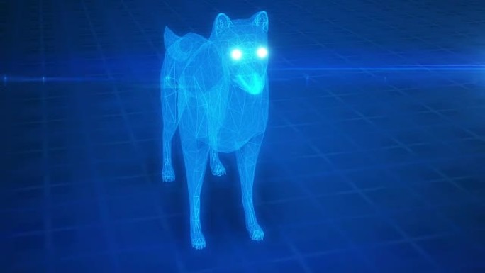 多边形3d动画中的抽象蓝色发光狼