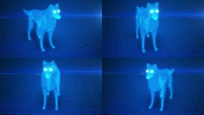 多边形3d动画中的抽象蓝色发光狼