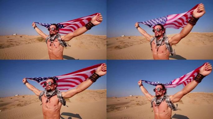 戴着蒸汽朋克护目镜和美国国旗的人在沙漠中奔跑