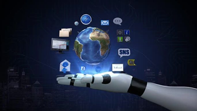 旋转地球，扩展社交网络服务。人造卫星，机器人上的通信技术，机器人手。
