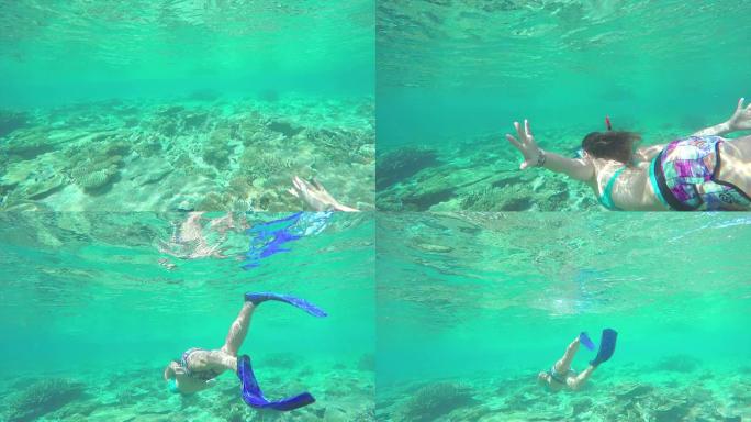 水下: 女潜水员在印度洋的珊瑚花园上游泳