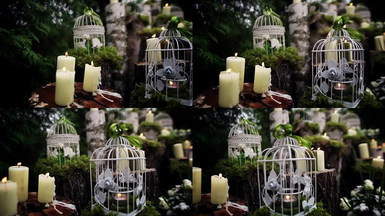 美丽的婚礼装饰，蜡烛，桦木