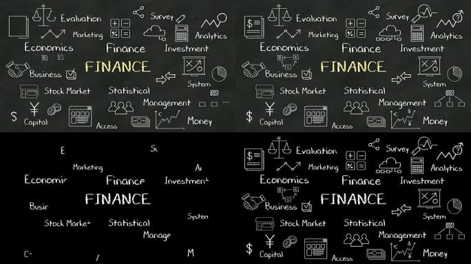 黑板上 “金融” 的手写概念。有各种各样的图表。