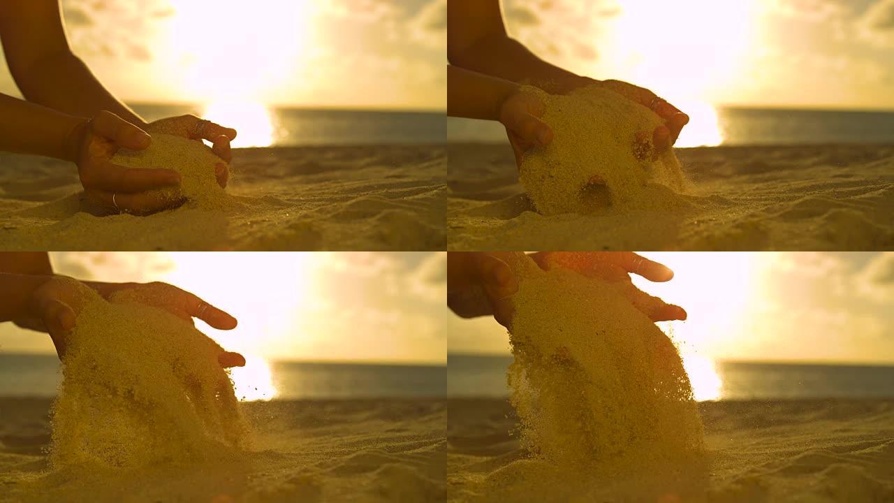 慢动作: 嬉戏的女人在夏天的早晨举起一把白沙。