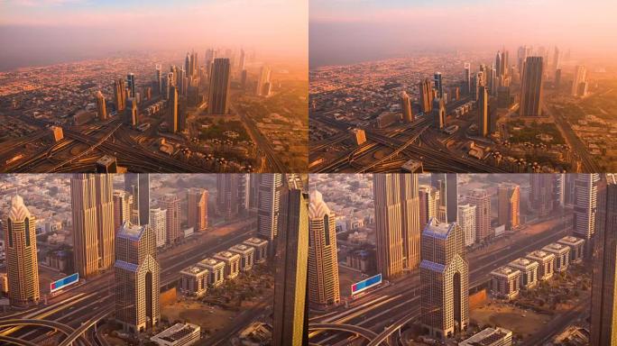 从迪拜顶部看迪拜市中心日出延时