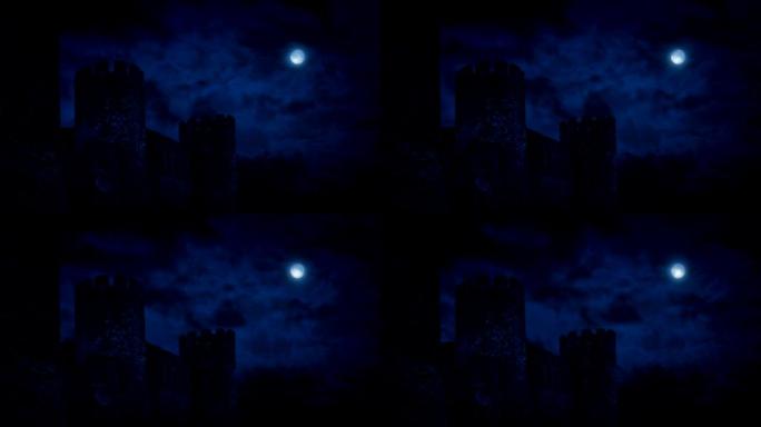 晚上满月的城堡墙