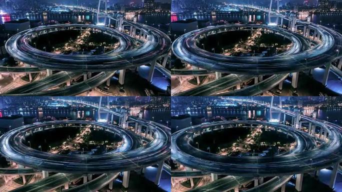 夜间繁忙立交桥的T/L HA ZI鸟瞰图/中国上海
