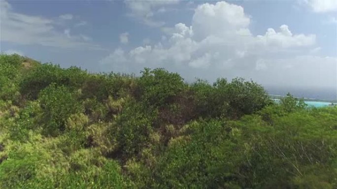 空中: 飞越丛林，朝着令人惊叹的波拉波拉蓝色泻湖，在小莫图群岛上拥有豪华度假村和海滨别墅