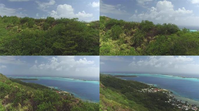空中: 飞越丛林，朝着令人惊叹的波拉波拉蓝色泻湖，在小莫图群岛上拥有豪华度假村和海滨别墅