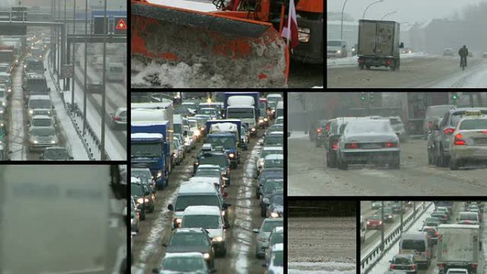 雪：暴风雪中的交通堵塞-蒙太奇