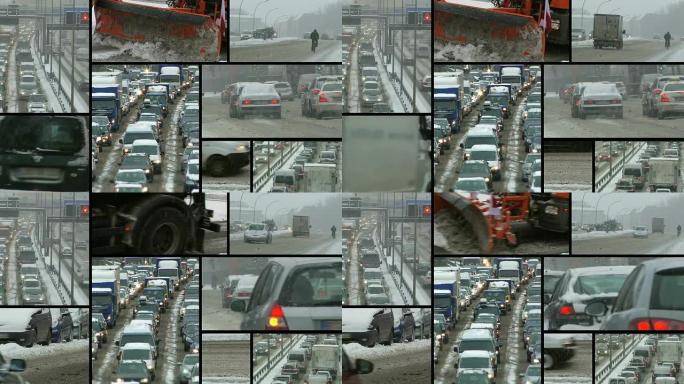 雪：暴风雪中的交通堵塞-蒙太奇