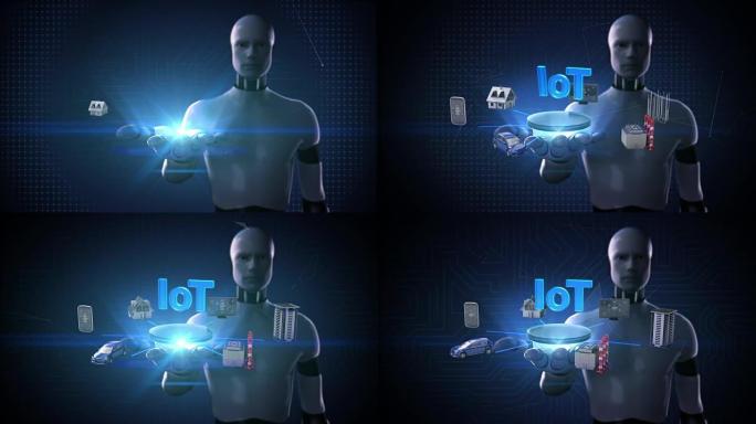 机器人，机器人打开手掌，设备传感器图标连接物联网技术，人工智能。物联网。