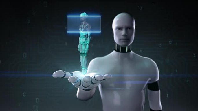 机器人打开手掌，机器人身体在数字界面。机器人技术。