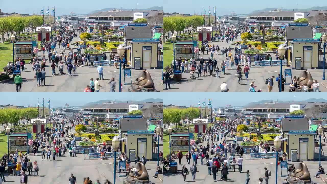 美国加利福尼亚州旧金山39号码头的延时人群行人游客