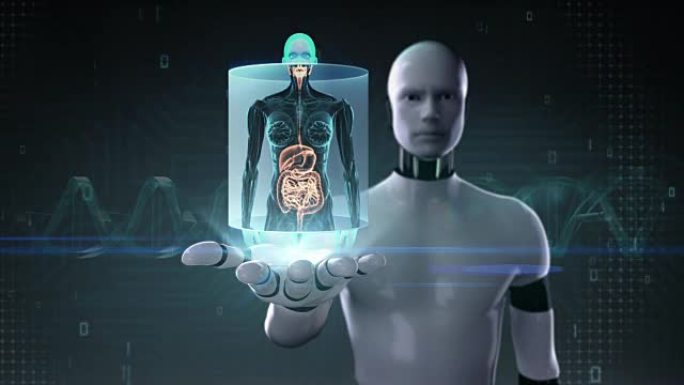 机器人打开手掌，人体扫描内脏，消化系统。
