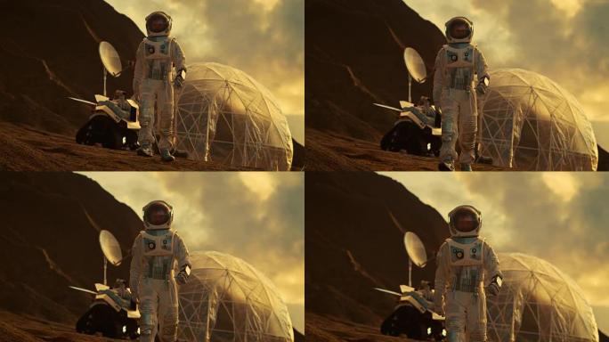 穿着太空服的宇航员行走在红色星球/火星上。背景是他的基地/研究站，附近停着火星车，炽热的阳光照耀着他