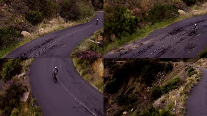 骑自行车的人的高角度无人机平移镜头