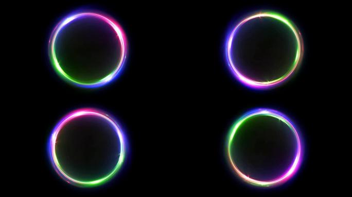 抽象多色无缝循环霓虹灯背景夜光漩涡发光圆圈。黑色优雅。光环在附近。电源隔离。火花粒子。太空隧道。发光