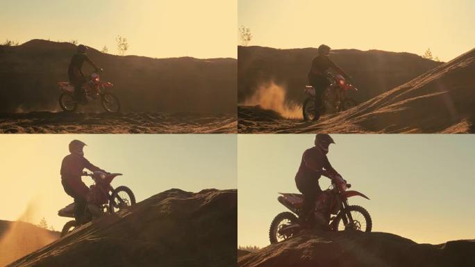 侧面拍摄专业摩托车越野赛摩托车骑手在沙丘上驾驶和停止。这是《日落》，赛道上布满了烟雾。