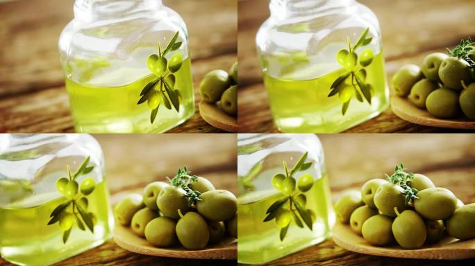 橄榄油罐和绿橄榄