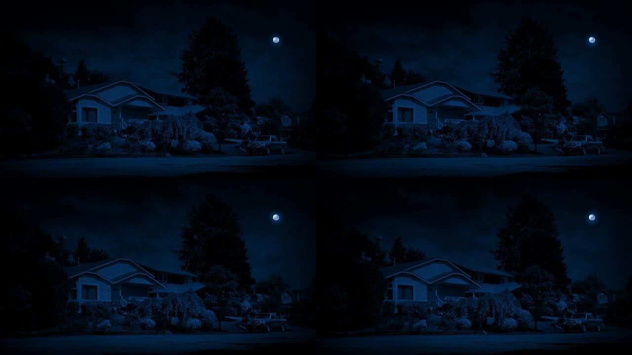 晚上的郊区，满月在上面