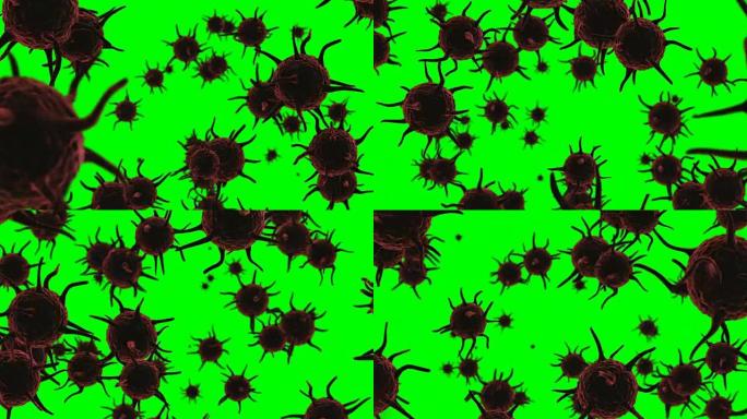 数字生成的病毒细胞在绿色背景下流动