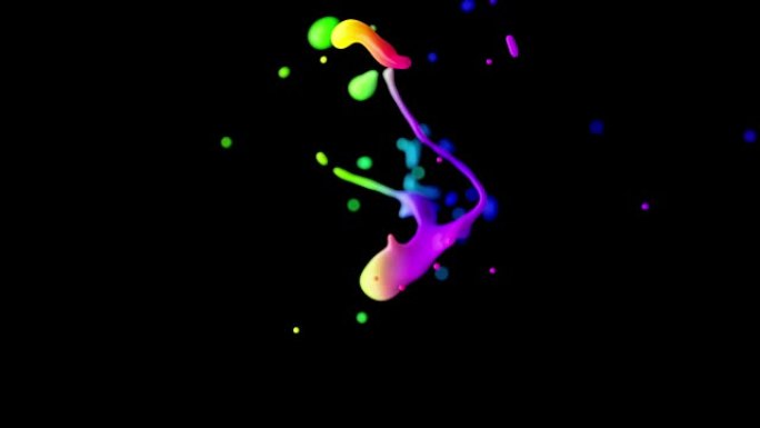 两个彩色水滴碰撞在黑色背景上飞溅的Cg动画。