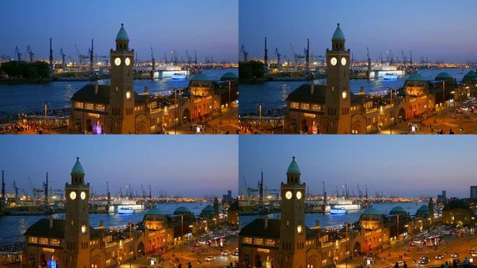 德国日落后汉堡港的景色
