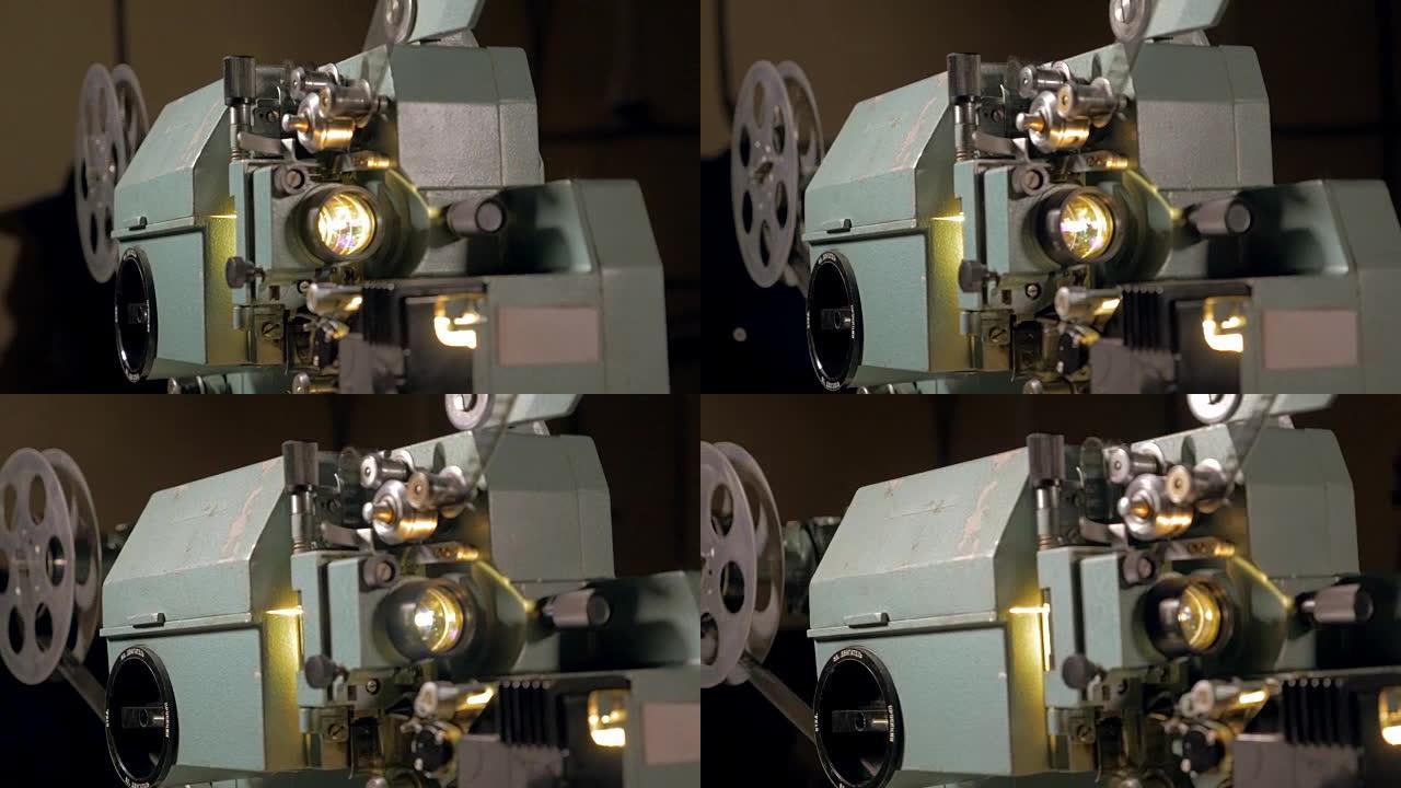 老式古董电影放映机工作。