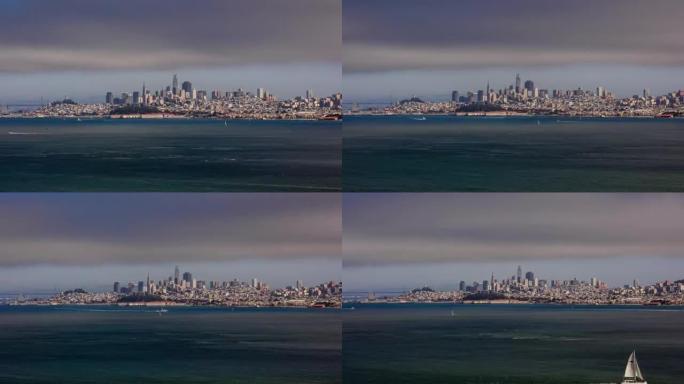 阴天从海湾出发的旧金山天际线全景的时间流逝